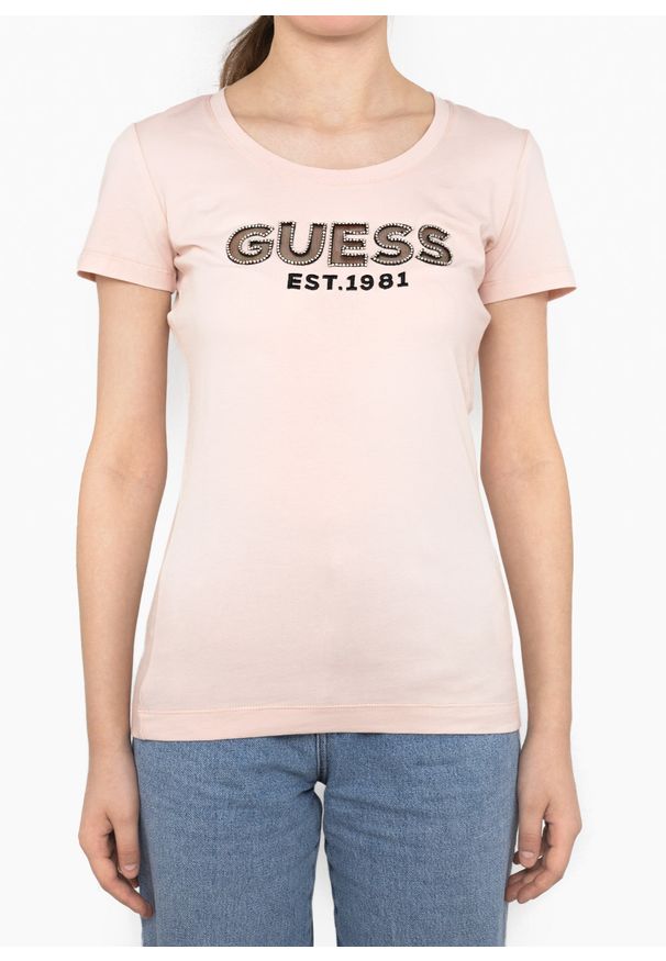Guess - Koszulka damska GUESS SS RN MESH LOGO TEE. Kolor: różowy. Materiał: mesh. Sport: turystyka piesza