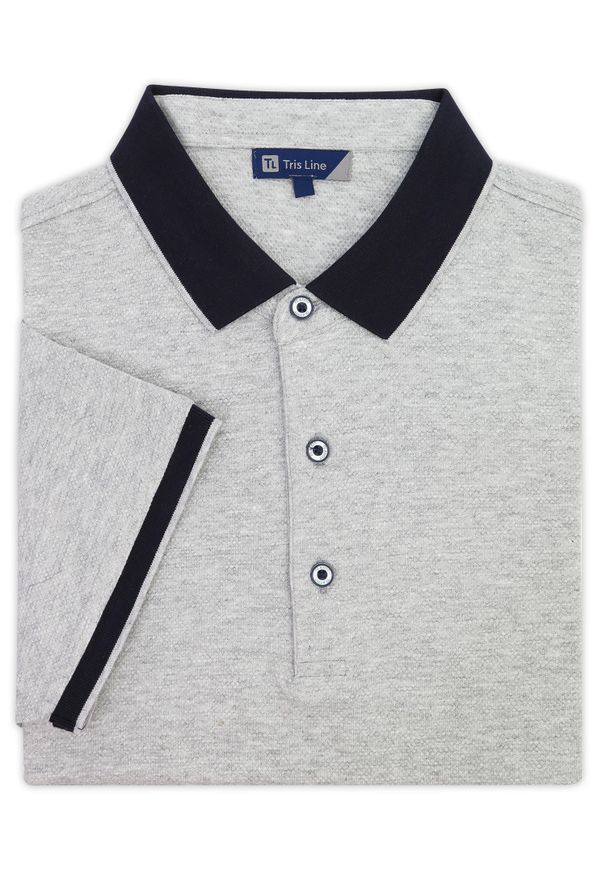 Lanieri Fashion - Męska szara koszulka polo KP19. Typ kołnierza: polo. Kolor: szary. Materiał: bawełna, poliester, materiał. Długość: krótkie. Wzór: kolorowy, kratka