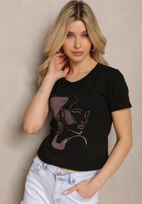 Renee - Czarny Bawełniany T-shirt z Ozdobnym Nadrukiem Biola. Kolor: czarny. Materiał: bawełna. Wzór: nadruk. Styl: klasyczny #3