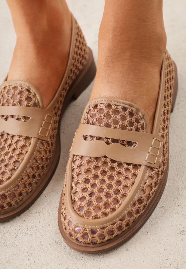 Born2be - Ciemnobeżowe Mokasyny VICES z Siateczki i Plecionki Asteorea. Okazja: na co dzień, na randkę. Kolor: beżowy. Styl: casual, elegancki