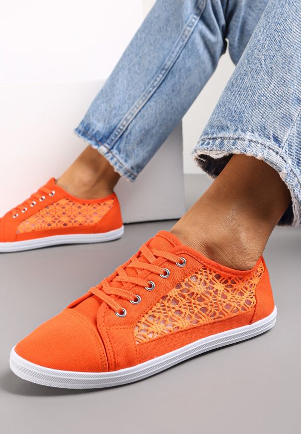 Born2be - Pomarańczowe Tenisówki z Ażurowymi Bokami Ariemessa. Okazja: na co dzień, do pracy. Zapięcie: sznurówki. Kolor: pomarańczowy. Materiał: jeans, materiał. Wzór: ażurowy. Sezon: lato. Styl: casual