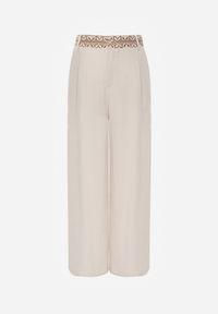 Renee - Beżowe Spodnie z Wiskozy High Waist Ozdobione Geometrycznym Motywem Iomane. Okazja: na co dzień. Stan: podwyższony. Kolor: beżowy. Materiał: wiskoza. Wzór: geometria, aplikacja. Styl: casual #6