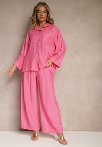 Renee - Fuksjowy Wiskozowy Komplet Oversize Koszula i Spodnie Wide Leg Zierana. Kolor: różowy. Materiał: wiskoza