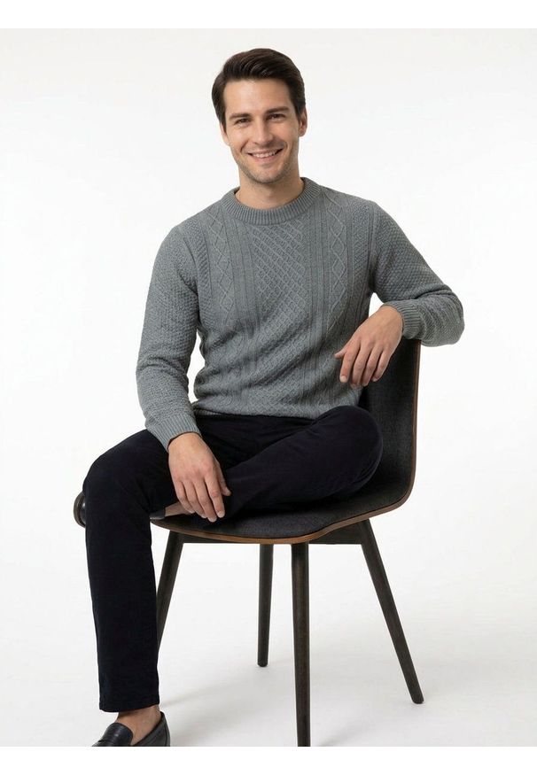 Męski Sweter z Dzianiny Bawełnianej (Knit) - Adriano Guinari - Popielaty. Kolor: szary. Materiał: bawełna. Wzór: ze splotem. Sezon: jesień, zima