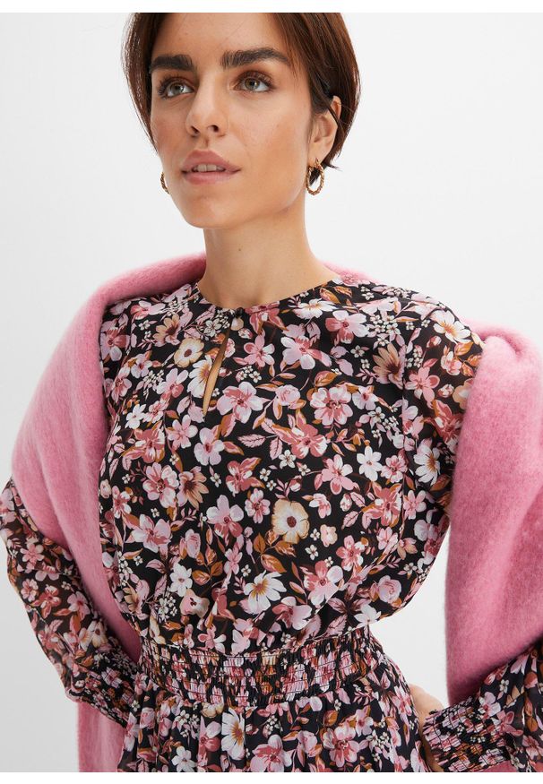 bonprix - Sukienka szyfonowa. Kolor: czarny. Materiał: szyfon. Wzór: nadruk, kwiaty
