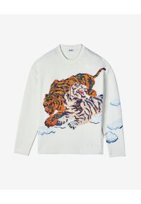 Kenzo - KENZO - Beżowy sweter z tygrysem. Kolor: beżowy. Materiał: materiał. Wzór: haft, kolorowy