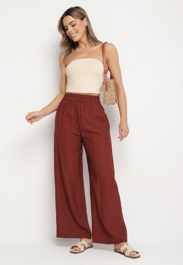 Born2be - Bordowe Spodnie Palazzo z Lnu i Wiskozy z Wysokim Stanem Linawena. Okazja: na spotkanie biznesowe, na co dzień, na spacer. Stan: podwyższony. Kolor: czerwony. Materiał: wiskoza, len. Sezon: lato. Styl: biznesowy, klasyczny, casual