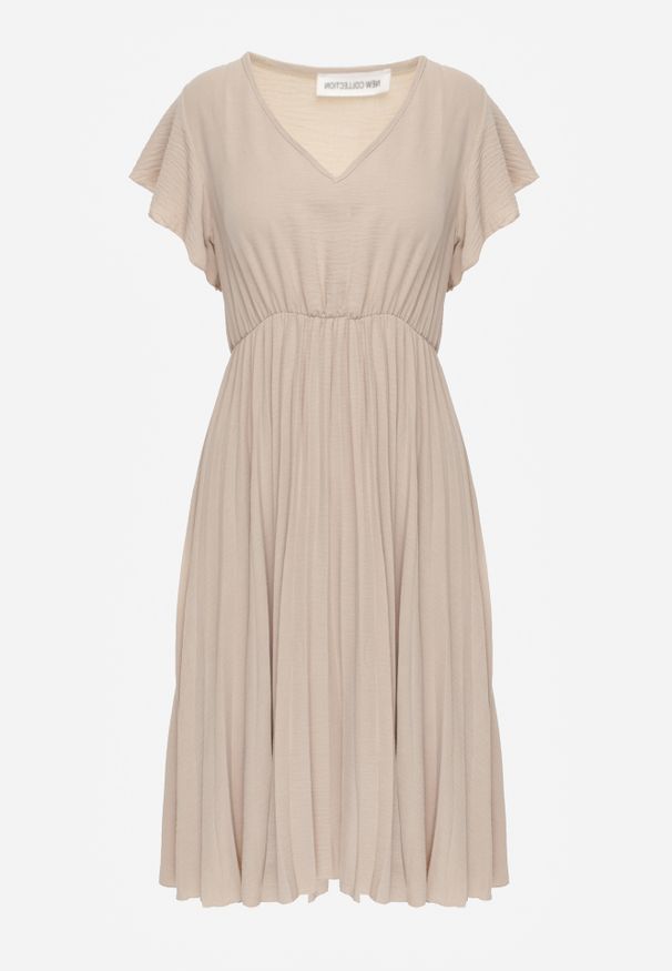 Renee - Beżowa Rozkloszowana Sukienka z Plisami i Dekoltem w V Rissari. Okazja: na imprezę. Typ kołnierza: dekolt w kształcie V. Kolor: beżowy. Materiał: skóra. Długość rękawa: krótki rękaw