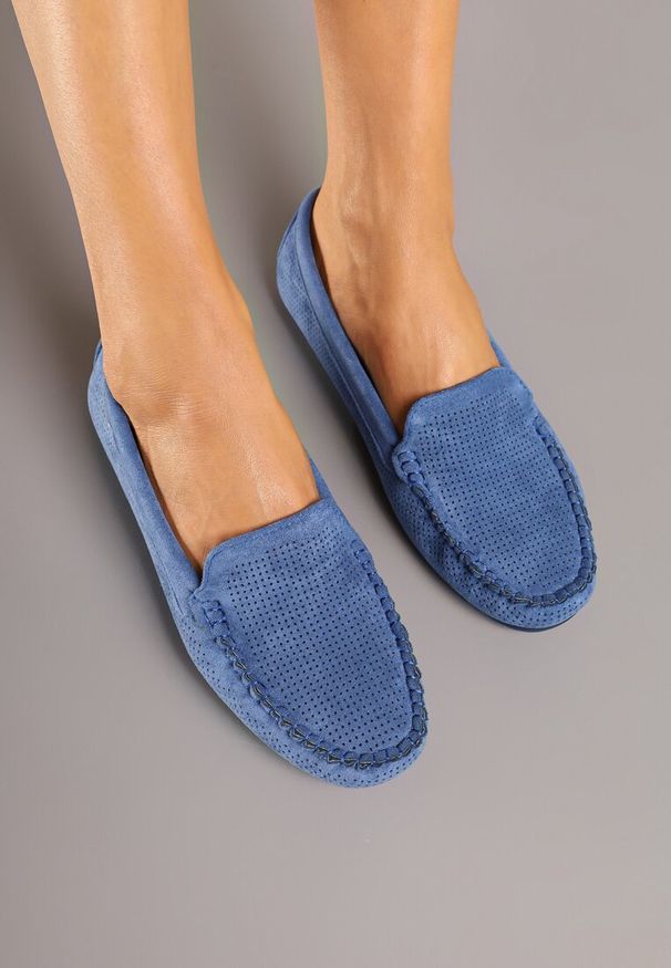 Born2be - Niebieskie Mokasyny ze Skórzaną Wkładką i Przeszyciami Sileldia. Okazja: na co dzień. Kolor: niebieski. Materiał: skóra. Styl: elegancki, casual