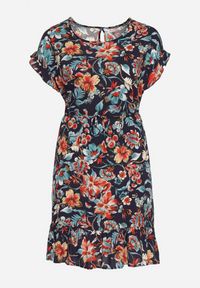 Born2be - Granatowa Bawełniana Sukienka w Kwiaty o Pudełkowym Fasonie ze Sznurkiem w Talii Risallise. Okazja: na spacer, na imprezę. Kolor: niebieski. Materiał: bawełna. Długość rękawa: krótki rękaw. Wzór: kwiaty. Styl: wizytowy, retro #5