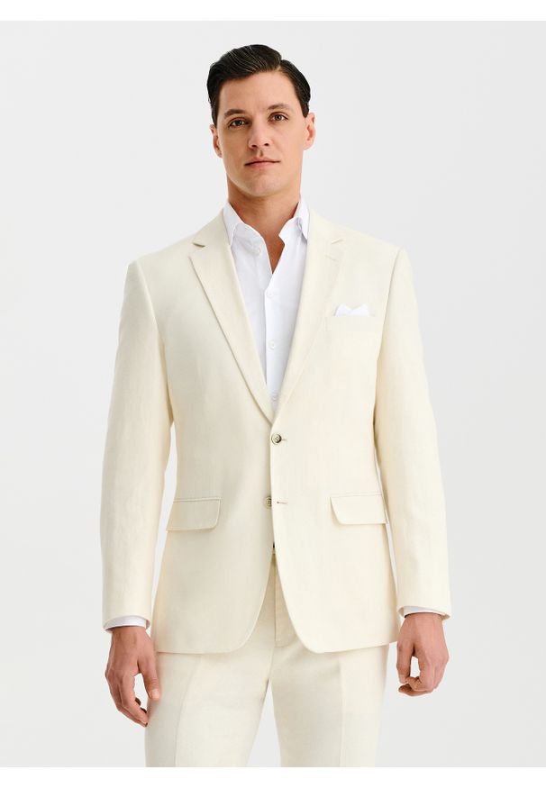 Pako Lorente - PAKO LORENTE - Beżowa marynarka garniturowa z lnem. Kolor: beżowy. Materiał: len. Wzór: gładki. Sezon: wiosna