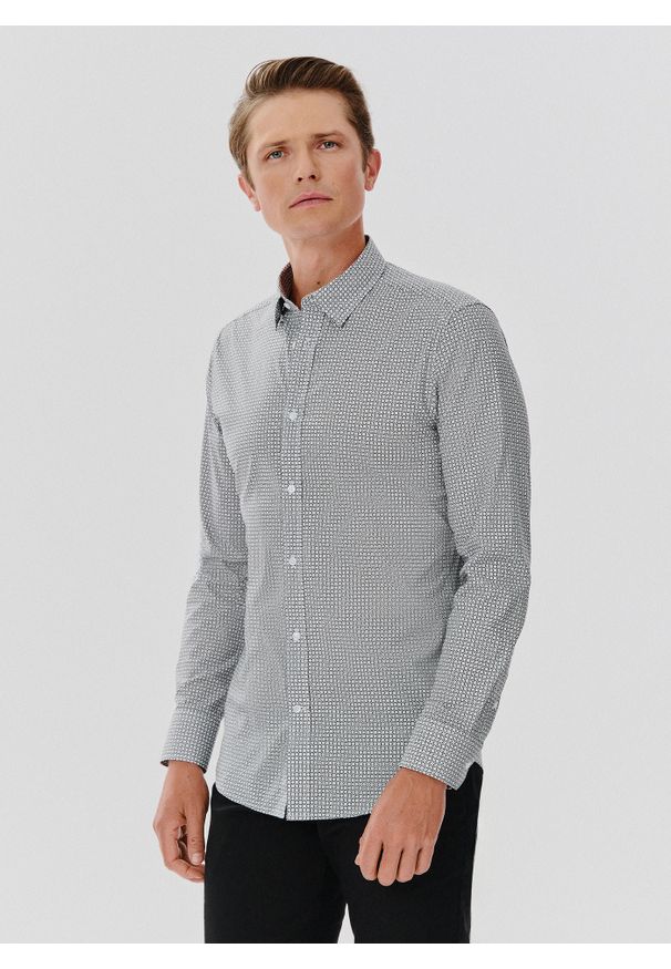 Pako Lorente - PAKO LORENTE – Ciemna koszula męska w geometryczny wzór. Materiał: bawełna, elastan. Długość rękawa: długi rękaw. Długość: długie. Wzór: geometria