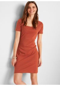 Sukienka w prążek z dekoltem karo bonprix rdzawobrązowy. Typ kołnierza: dekolt w karo. Kolor: brązowy. Materiał: bawełna. Wzór: prążki #5