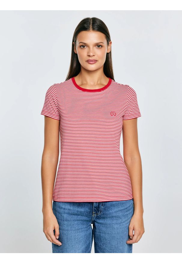 Big-Star - Koszulka damska w paski z haftem czerwona Zenaisa 603. Okazja: na co dzień. Kolor: czerwony. Materiał: dzianina, jeans. Wzór: haft, paski. Styl: klasyczny, casual, elegancki