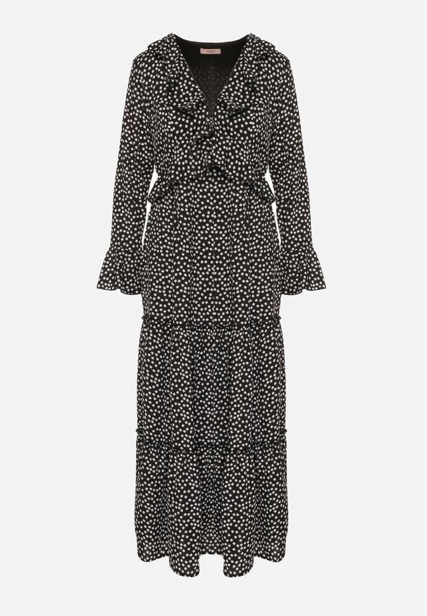 Born2be - Czarna Rozkloszowana Sukienka VICES z Falbankami Ativita. Okazja: na spotkanie biznesowe, do pracy, na co dzień. Typ kołnierza: kołnierz z falbankami. Kolor: czarny. Styl: elegancki, casual, biznesowy