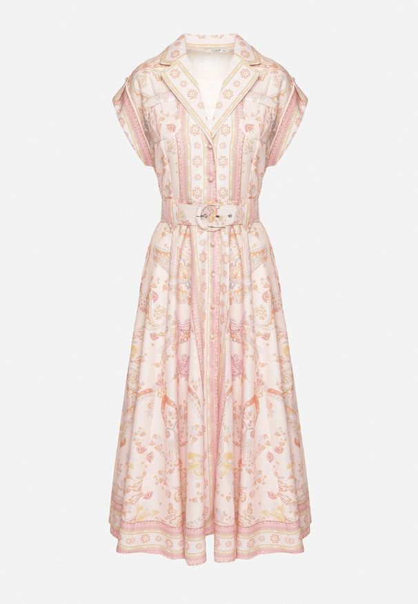 Born2be - Różowa Rozkloszowana Sukienka Koszulowa z Lnu i Wiskozy z Paskiem Alumera. Typ kołnierza: dekolt w serek, kołnierzyk klasyczny. Kolor: różowy. Materiał: wiskoza, len. Typ sukienki: koszulowe. Styl: klasyczny