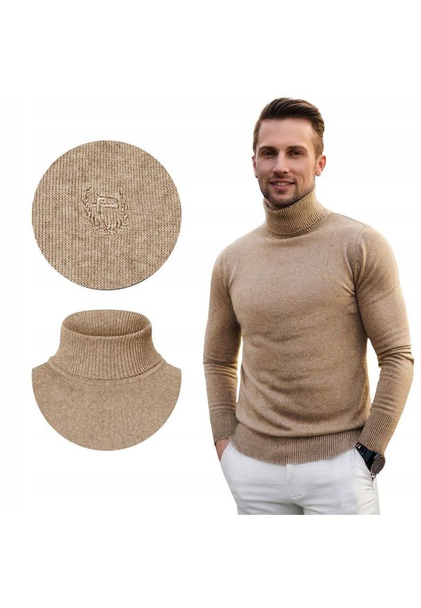 Bawełniany Męski Golf - Pako Jeans - Melanżowy Beż. Typ kołnierza: golf. Kolor: brązowy, beżowy, wielokolorowy. Materiał: bawełna. Wzór: melanż. Styl: klasyczny