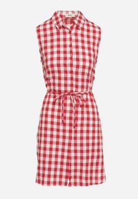 Born2be - Czerwono-Biała Sukienka Koszulowa z Wiskozy z Materiałowym Paskiem w Talii Rivasolin. Okazja: na co dzień, na spacer. Kolor: czerwony. Materiał: wiskoza, materiał. Sezon: lato. Typ sukienki: koszulowe. Styl: casual #4