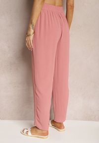 Renee - Ciemnoróżowe Spodnie Regular High Waist z Wiązaniem w Pasie Dimeca. Okazja: na co dzień. Stan: podwyższony. Kolor: różowy. Materiał: materiał. Wzór: aplikacja. Styl: casual #3
