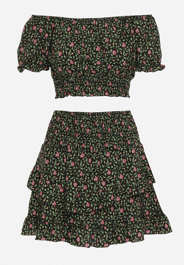 Born2be - Czarno-Zielony Komplet 2-Częściowy Bluzka Typu Hiszpanka Spódniczka z Gumką w Pasie i Falbanką Ristella. Kolor: czarny. Wzór: kwiaty, nadruk