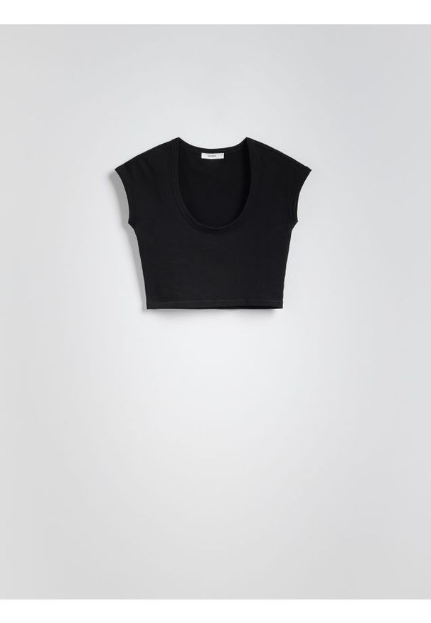 Reserved - Bawełniany crop top - czarny. Kolor: czarny. Materiał: bawełna. Długość: krótkie