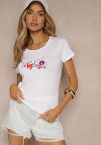 Renee - Biało-Różowy Bawełniany T-shirt z Nadrukiem Zarinelle. Okazja: na co dzień. Kolor: biały. Materiał: bawełna. Wzór: nadruk. Styl: casual #4