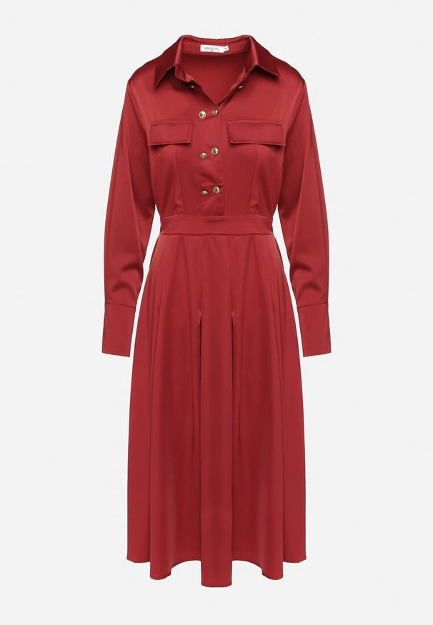 Born2be - Bordowa Rozkloszowana Sukienka o Koszulowym Kroju z Imitacją Kieszeni i Gumką w Talii Rizza. Okazja: na co dzień. Kolor: czerwony. Typ sukienki: koszulowe. Styl: wizytowy, klasyczny, casual, elegancki