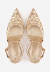 Renee - Złote Szpilki VICES z Siateczkową Cholewką Perełkami i Kwiatowym Wzorem Berdal. Zapięcie: sprzączka. Kolor: złoty. Materiał: satyna. Szerokość cholewki: normalna. Wzór: kwiaty. Obcas: na szpilce #5