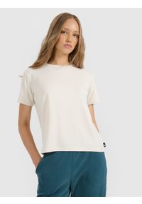 4f - 4F T-shirt z prążkowanej dzianiny z modalem damski - beżowy L. Kolor: beżowy. Materiał: prążkowany, dzianina