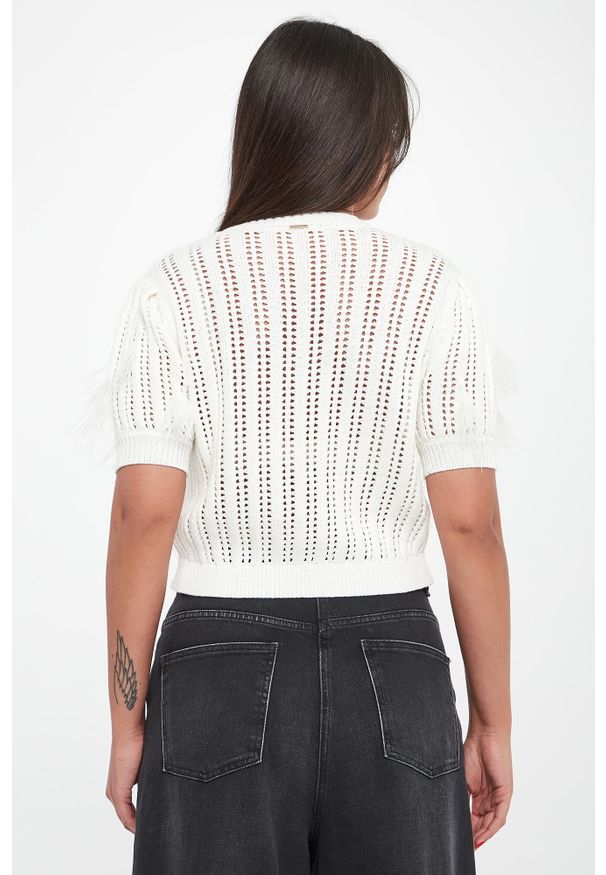 Twinset Milano - Sweter damski ażurowy z piórkami TWINSET. Wzór: ażurowy