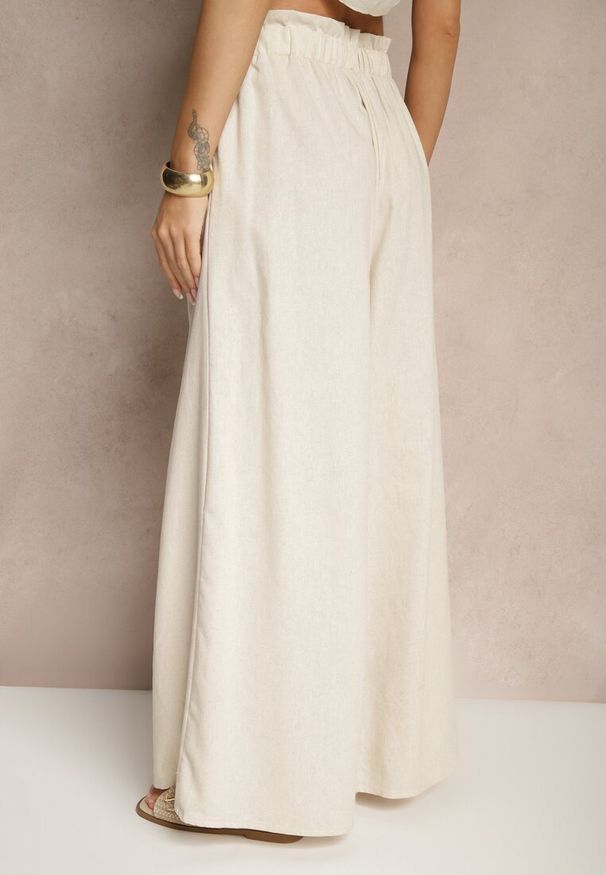 Renee - Beżowe Bawełniane Spodnie o Szerokim Kroju High Waist Ściągane Troczkiem Virselia. Okazja: na co dzień. Stan: podwyższony. Kolor: beżowy. Materiał: bawełna. Styl: casual, elegancki, sportowy