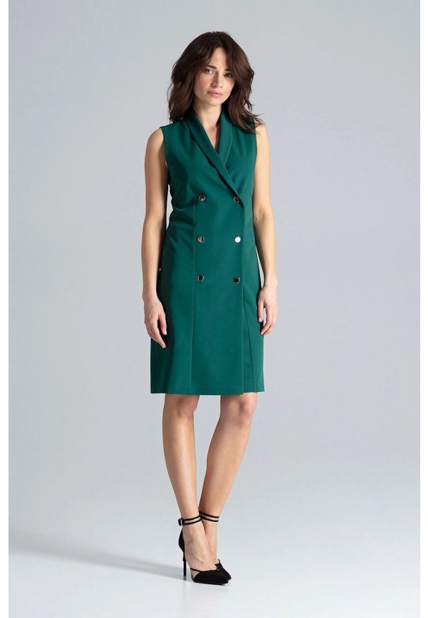 Sukienki.shop - Elegancka żakietowa sukienka z kopertowym dekoltem zielona. Okazja: na spotkanie biznesowe, do pracy. Kolor: zielony. Typ sukienki: kopertowe. Styl: elegancki. Długość: midi