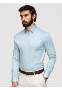 Ombre Clothing - Klasyczna męska koszula SLIM FIT z satynowej tkaniny – niebieska V2. Okazja: na spotkanie biznesowe, na co dzień. Typ kołnierza: kołnierzyk klasyczny. Kolor: niebieski. Materiał: tkanina, satyna. Wzór: gładki. Styl: klasyczny #1