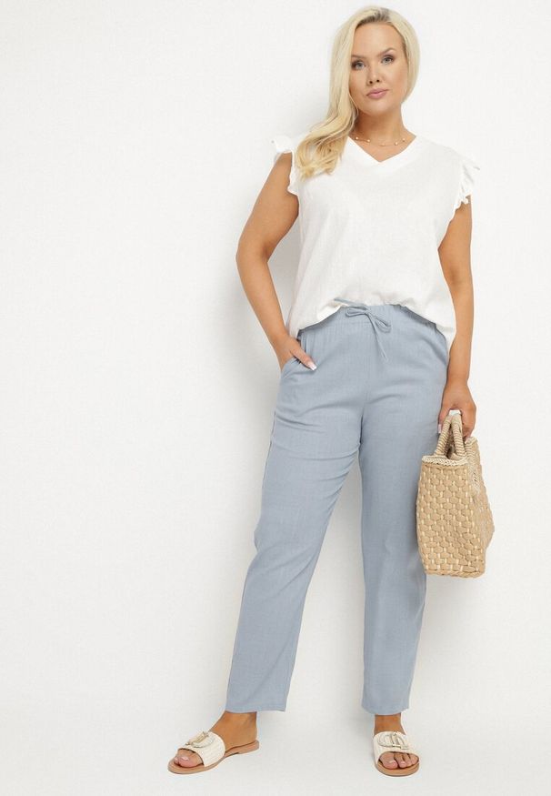 Born2be - Niebieskie Spodnie z Lnem i Elastyczną Gumką w Pasie Nativena. Okazja: na co dzień. Kolekcja: plus size. Kolor: niebieski. Materiał: len. Styl: casual