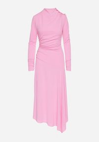 Born2be - Różowa Koktajlowa Sukienka o Asymetrycznym Kroju Ozdobiona Guzikami Nolriti. Okazja: na imprezę. Kolor: różowy. Wzór: aplikacja. Typ sukienki: asymetryczne. Styl: wizytowy #4