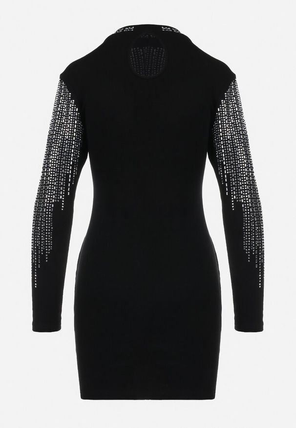 Born2be - Czarno-Srebrna Dopasowana Sukienka Mini w Cyrkonie Faola. Kolor: czarny. Wzór: aplikacja. Długość: mini