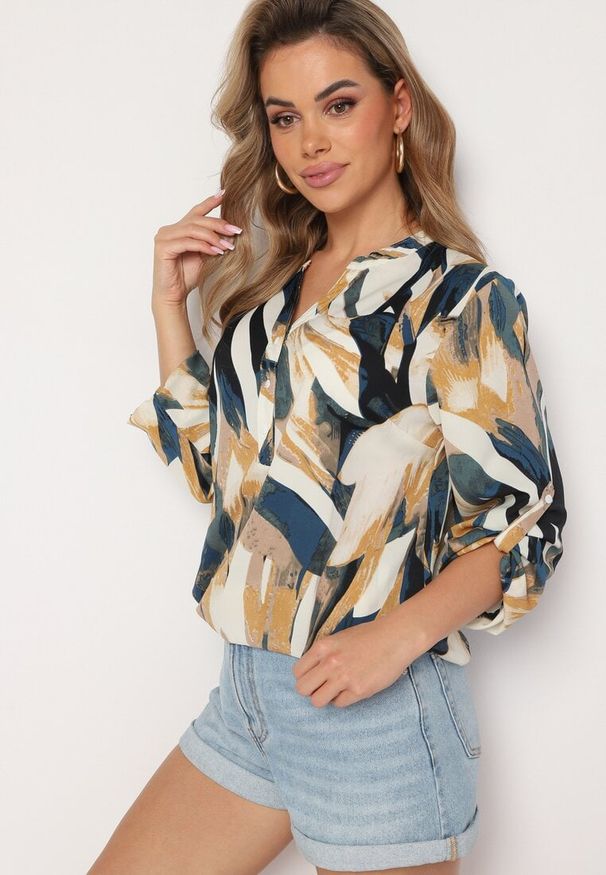 Born2be - Beżowo-Żółta Bluzka w Abstrakcyjny Wzór z Podpinanymi Rękawami Xaliana. Okazja: na co dzień. Kolekcja: plus size. Kolor: beżowy. Styl: casual