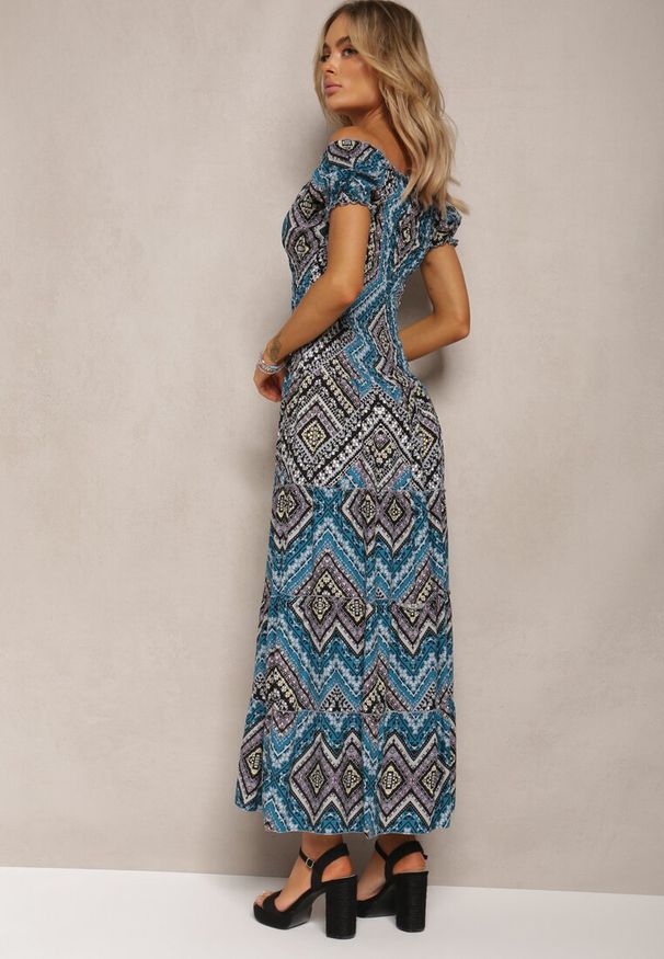 Renee - Ciemnozielona Sukienka Hiszpanka Boho z Bawełny z Gumką w Talii Lovedia. Typ kołnierza: dekolt hiszpanka. Kolor: zielony. Materiał: bawełna. Styl: boho
