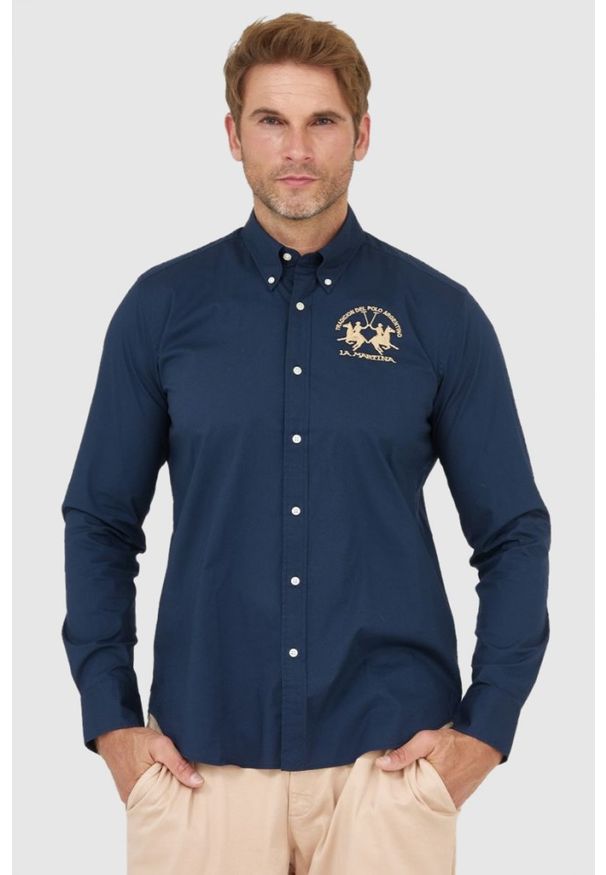 La Martina - LA MARTINA Granatowa koszula męska poplin stretch, Rozmiar XL. Kolor: niebieski. Wzór: haft
