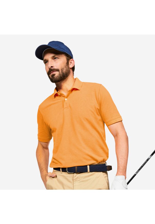 INESIS - Koszulka polo do golfa z krótkim rękawem męska Inesis MW500. Typ kołnierza: golf, polo. Kolor: pomarańczowy. Materiał: bawełna, materiał, poliester. Długość rękawa: krótki rękaw. Długość: krótkie. Wzór: ze splotem. Styl: klasyczny