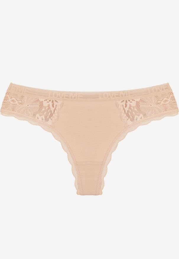 Born2be - Beżowe Majtki Stringi z Subtelną Koronką z Bawełną Adriedah. Kolor: beżowy. Materiał: koronka, bawełna. Wzór: koronka
