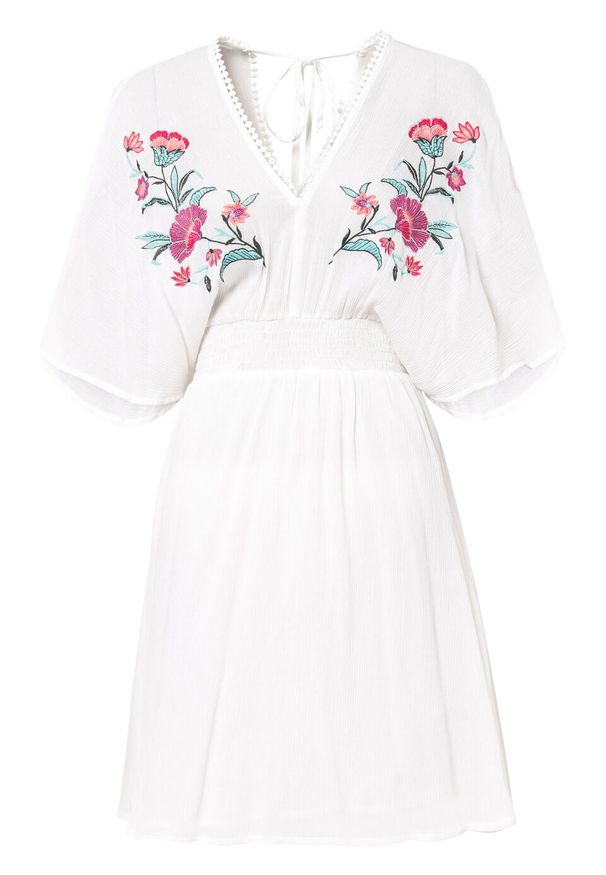 Sukienka tunikowa z haftem bonprix biel wełny. Kolor: biały. Materiał: wełna. Wzór: haft