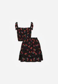 Renee - Czarny Komplet Top z Kokardkami i Spódnica w Print z Wisienkami Talitora. Kolor: czarny. Wzór: nadruk #3