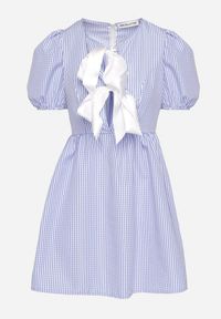 Born2be - Jasnoniebieska Rozkloszowana Sukienka w Kratkę Vichy w Stylu Retro z Wiązaniem Telionea. Okazja: na co dzień. Kolor: niebieski. Wzór: kratka. Typ sukienki: rozkloszowane. Styl: retro #3