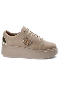 Beżowe Sneakersy Lamanti Damskie Stylowe Obuwie. Okazja: na co dzień. Nosek buta: okrągły. Kolor: beżowy. Materiał: jeans, skóra #6