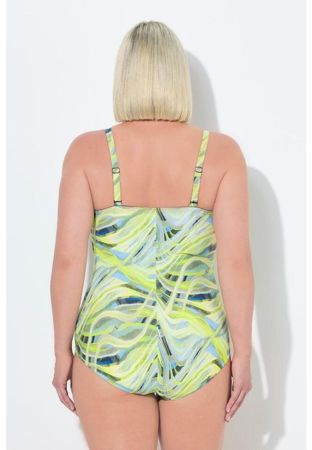 ULLA POPKEN - Damski Strój kąpielowy wzór w fale miękkie miseczki zamek błyskawiczny. Kolekcja: plus size. Kolor: wielokolorowy, żółty, zielony. Materiał: poliamid, poliester, materiał, elastan