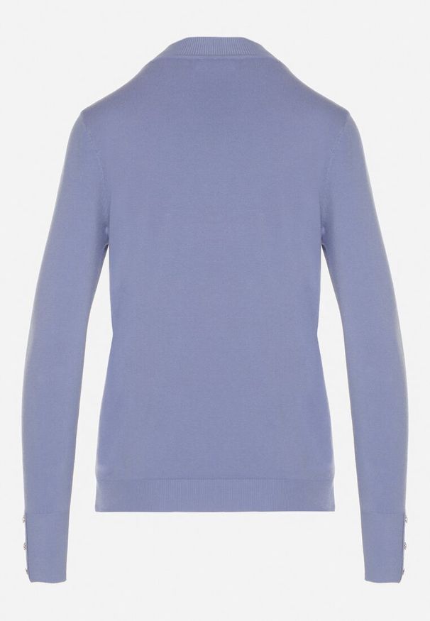 Born2be - Niebieski Dopasowany Golf z Aplikacjami przy Dekolcie i Rękawach Unella. Typ kołnierza: golf. Kolor: niebieski. Materiał: jeans. Wzór: aplikacja. Styl: elegancki