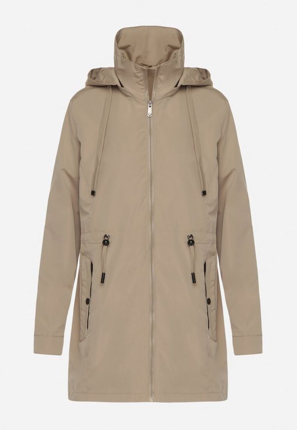 Born2be - Ciemnobeżowa Kurtka Parka ze Sznurkiem w Talii i Kapturem Teridi. Okazja: na spacer, na co dzień. Kolor: beżowy. Materiał: jeans. Długość rękawa: długi rękaw. Długość: długie. Styl: casual