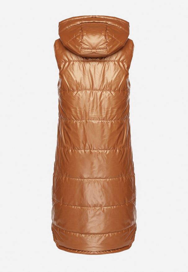 Born2be - Brązowa Długa Kamizelka z Kapturem Ozdobiona Imitacją Kieszeni Mavaria. Typ kołnierza: kaptur. Kolor: brązowy. Materiał: jeans. Długość: długie. Wzór: aplikacja. Sezon: wiosna, jesień. Styl: elegancki, sportowy, klasyczny