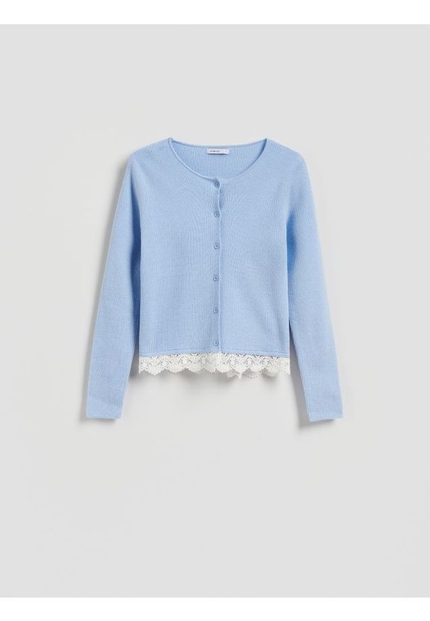 Reserved - Kardigan z koronką - jasnoniebieski. Kolor: niebieski. Materiał: koronka. Wzór: koronka